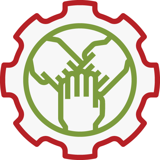 Icon showing gear and hands in a huddle