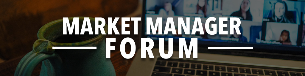 Market Manager Forum graphic showing a laptop with Zoom webinar attendees